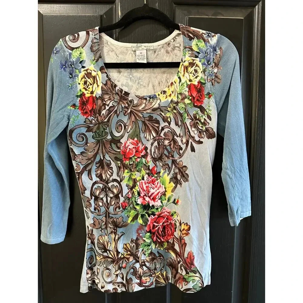 Alberto Makali Blue Scoop Neck Floral & Scroll Print Sweater
